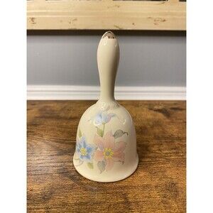 Blue and Pink Flowers Gold Accent on Tip of Handle Made in Japan Ceramic Bell